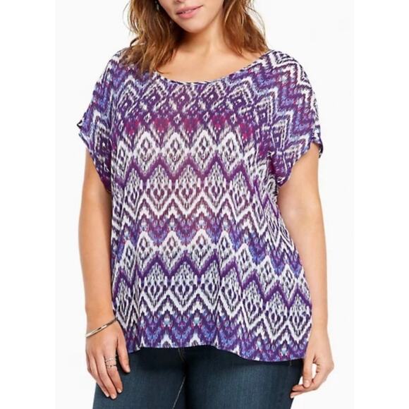 Torrid Purple Ikat Aztec Print Top Women's Size 2X Sheer Cut Out Bow Back Blouse - Picture 1 of 9